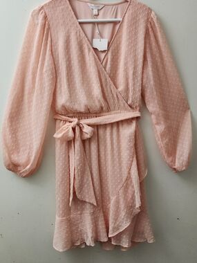 Lauren Conrad Peach Clip Dot Dress NWT Size M Coquette Fairy Ruffle Babydoll